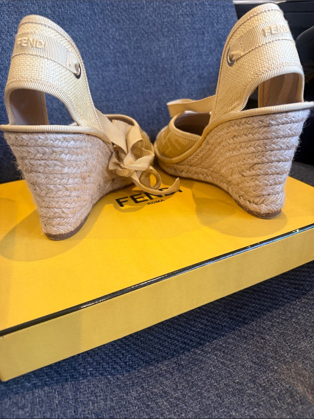Fendi Beige Woven Espadrille Wedge Sandals with Ankle Ribbon - Picture 3 of 6